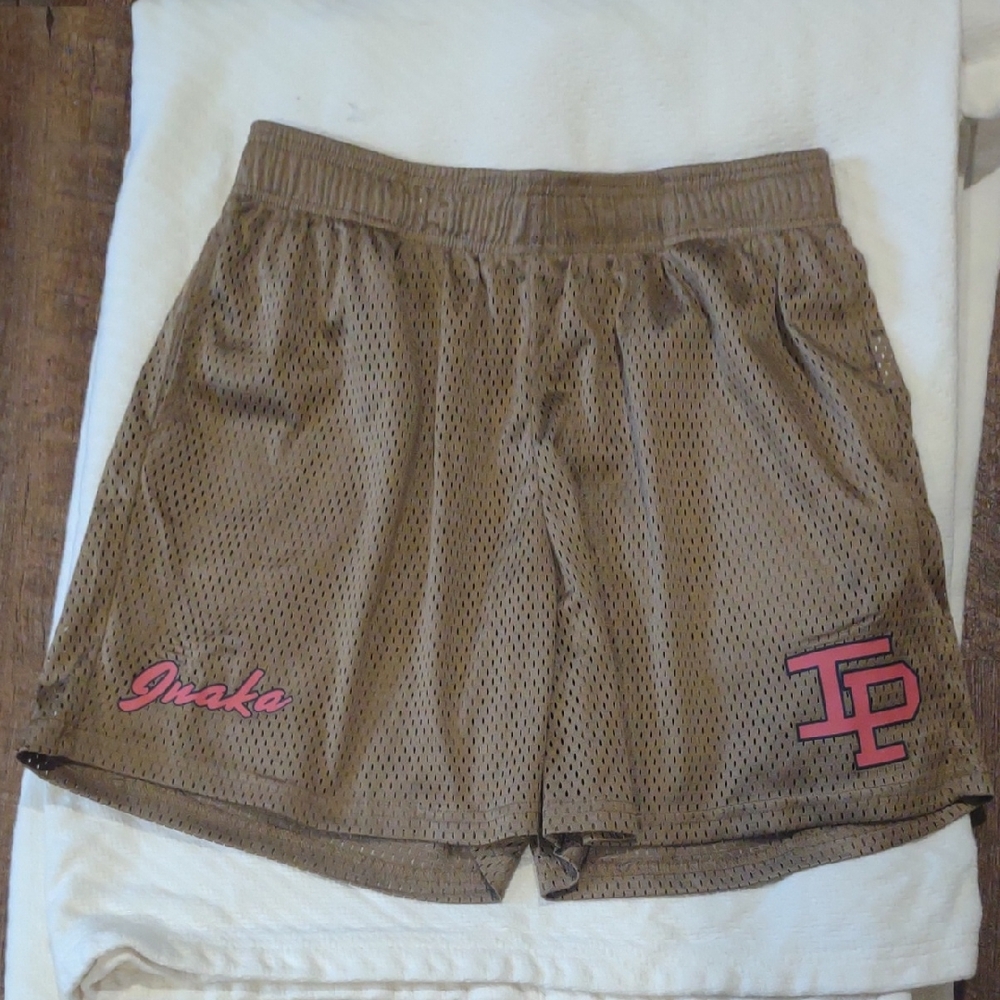 NWOT Inaka Power Mens Large Golden Brown w/Pink Lettering Mesh Shorts